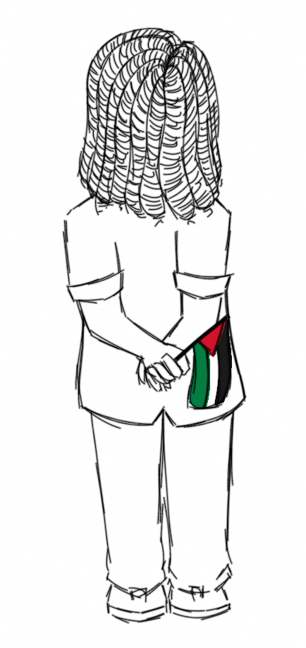 Dina with its back to the camera, hands clasped behind its back, holding a Palestinian flag.